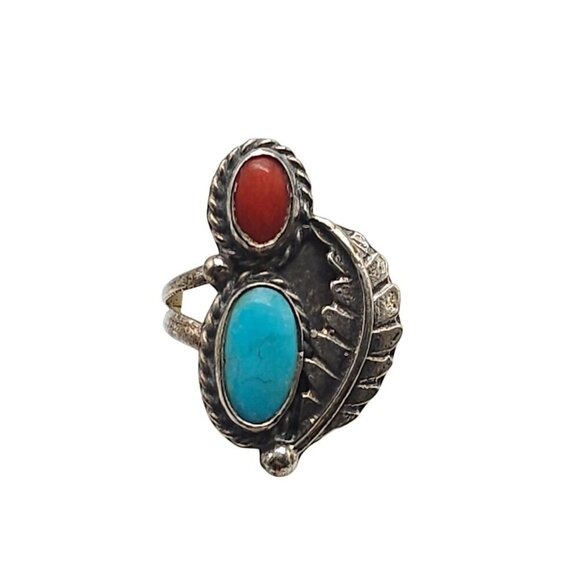Vintage Sterling Silver Ring With Blue Turquoise Red Coral Stones Feather Size 5 - Picture 1 of 6